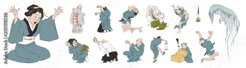 浮世絵風の様々な驚く人々のイラストポーズバリエーションセット（ベクター）