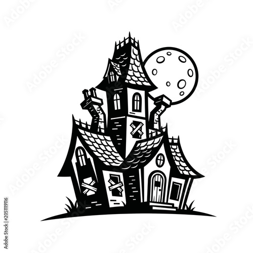 Whimsical spooky house illustration with full moon and bats