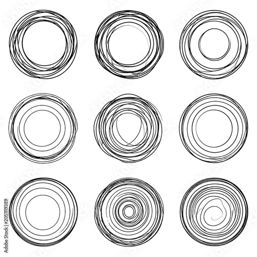 A collection of 9 circular line art designs with varying concentric patterns
