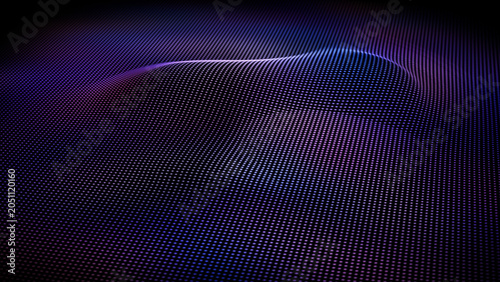 Purple background dotted space rotates radially. Glowing pink and blue grid background, top view. Digital landscape of flowing wave. Pixelated screen rotates around an axis.
