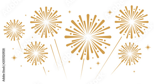 Quadro em tela Gold fireworks with bold, rounded starburst trails exploding over a white background