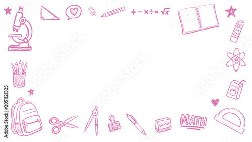 Cool pink hand drawn education doodle school supplies border frame on white background and good copy space area. back to school.