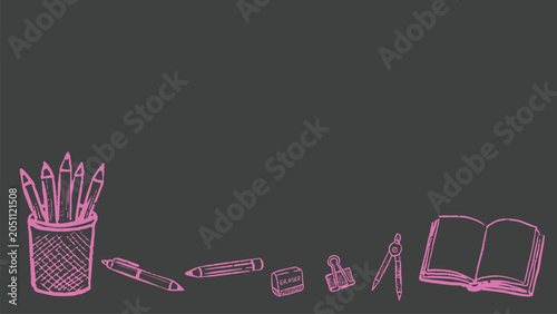 Vászonkép Back to school concept with educational pink doodle school books, textbooks, backpack, stationery supplies on black chalkboard background with educational doodle for new academic year begin