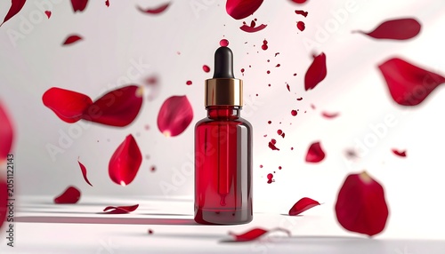 A vibrant, product shot showcases a transparent red bottle with a dropper, surrounded by floating red flower petals. White background