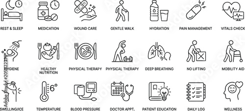 Vector line icon set of post operative recovery care medical rehabilitation stages patient health monitoring symbols and clinical wellness layout elements