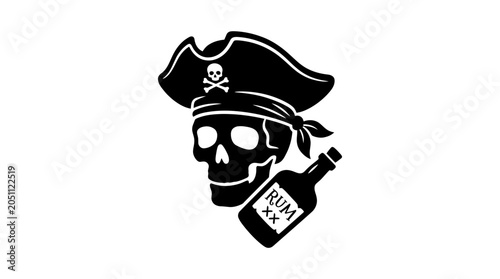 Skull wearing a pirate hat paired with a rum bottle serves as a thematic graphic for nautical adventures, vintage tavern branding, or pirate-themed entertainment and costume marketing.