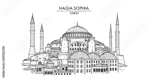 Εκτύπωση καμβά Detailed black and white line drawing of Hagia Sophia in Istanbul, Turkey, showcasing its iconic dome and minarets, a historical architectural masterpiece