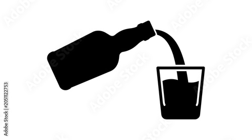 Bottle pouring liquid into a glass represents a refreshing beverage service in a minimalist style for menu design or restaurant branding purposes.