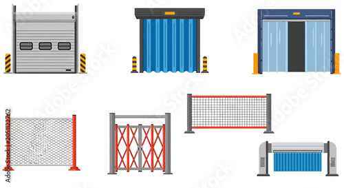 Bild auf Leinwand A collection of seven flatstyle illustrations showing various industrial doors g