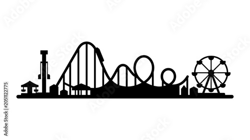 Fotografie Amusement park skyline silhouette displays a collection of iconic fairground rides including a tall roller coaster and a large ferris wheel set against a flat background for recreational branding