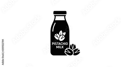 Pistachio milk bottle mockup features a stylized organic label design with nut illustrations to represent a healthy plant-based dairy alternative for modern vegan and vegetarian lifestyle diets.