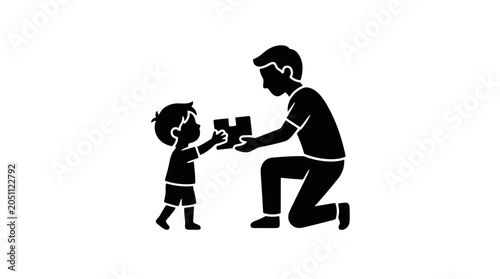 Bild auf Leinwand Father and child silhouette icons depict the bonding moment of a parent teaching their young son how to assemble a jigsaw puzzle piece together in a heartwarming display of family connection and love