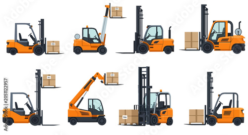 Billede på lærred Eight distinct orange and grey forklifts shown in profile on a white background