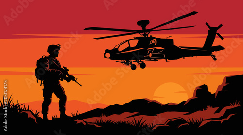 Tableau sur toile Silhouette of soldier with helicopter at sunset.