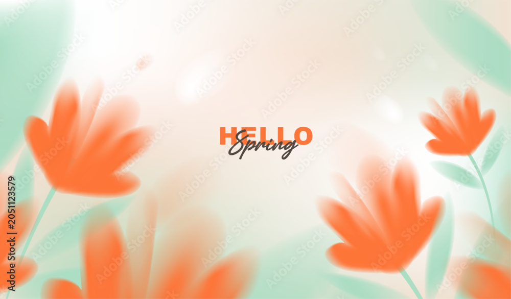 Fototapeta premium Hello spring vector background with abstract blurred orange flowers and green leaves. Soft pastel watercolor floral template for greeting card, banner, seasonal sale posters and wallpaper.
