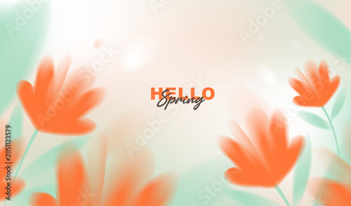 Hello spring vector background with abstract blurred orange flowers and green leaves. Soft pastel watercolor floral template for greeting card, banner, seasonal sale posters and wallpaper.
