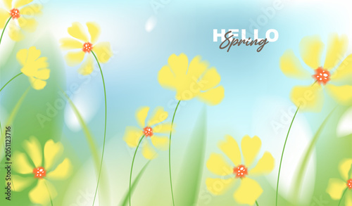 Hello spring vector background with vibrant yellow flowers and green grass. Soft pastel watercolor floral template on sunny blue sky for greeting card, easter, seasonal sale banner and wallpaper.