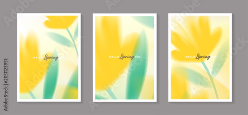 Set of spring vector posters with abstract blurred yellow flowers. Collection of soft pastel watercolor floral covers template for greeting card, holiday invitation, banner and wall art decor.