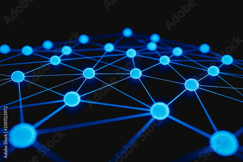 A glowing blue digital network with interconnected nodes, representing data connection and cyber technology on a dark background.