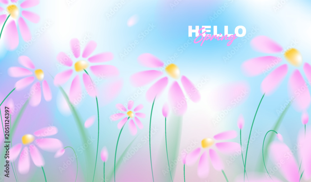 Obraz premium Beautiful spring horizontal banner with pink cosmos flowers on abstract blurred bokeh background, vector illustration of blooming floral backdrop for greeting card, web header design.