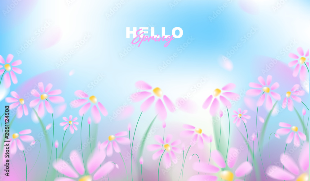 Fototapeta premium Beautiful spring horizontal banner with pink cosmos flowers on abstract blurred bokeh background, vector illustration of blooming floral backdrop for greeting card, web header design.