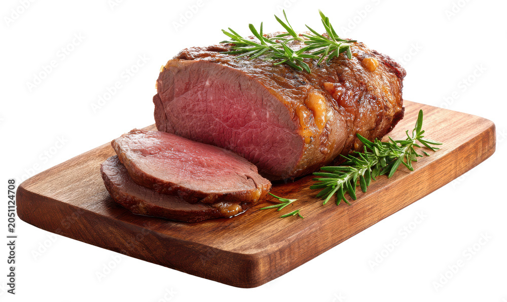 Fototapeta premium Sliced roast beef with rosemary on a wooden cutting board meat food, Isolated, Png Transparent Background