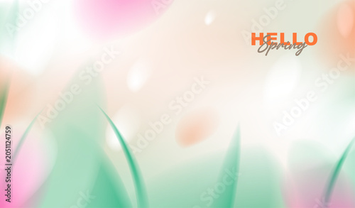 Hello spring greeting card vector background with copy space, abstract minimal soft orange and pink fluid gradient blur, fresh grass leaves and bokeh light for seasonal eco nature banner design.
