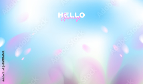Hello spring greeting card vector background with copy space, abstract soft blue sky and pink cherry blossom flower petals falling in blurry bokeh light for seasonal easter banner and wallpaper.