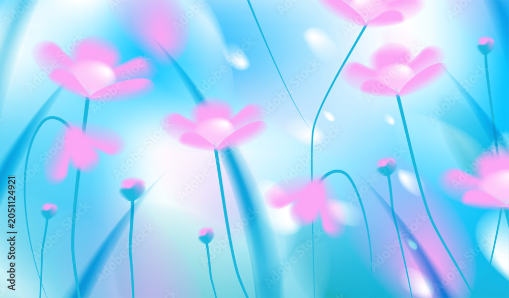 Obraz premium Abstract spring vector background with vibrant neon pink cosmos flowers blooming in vivid blue cyan fluid gradient blur, beautiful trendy glowing bokeh light for seasonal festival banner design.
