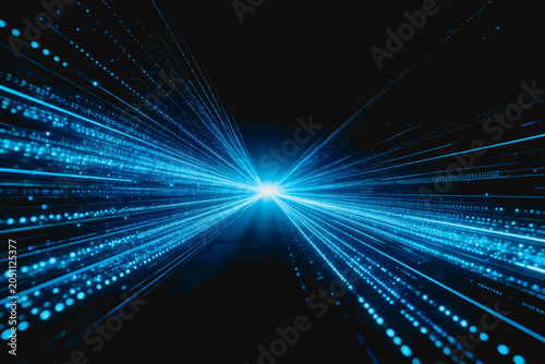 Dynamic blue light beams and particles radiate from a central bright point, conveying digital data and high-speed transmission. 