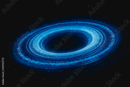 A luminous blue concentric cosmic ring structure floats in dark deep space, showing celestial gas and dust arrangement.