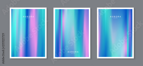 Aurora borealis vector background set. Abstract northern lights gradient posters layout with blue, purple and turquoise blurred neon stripes. Trendy fluid liquid texture cosmic cover design.