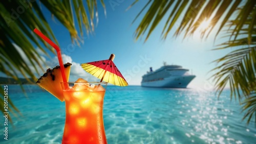 Luxury Cruise Vacation with Tropical Cocktail and Ocean View
