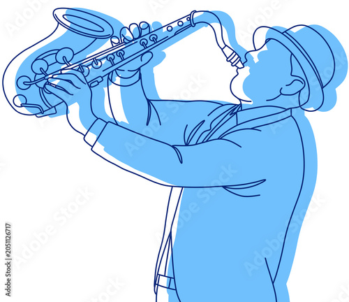 Obraz na plátně A Jazz Saxophonist Playing Music on a Saxophone, sketch line illustration with B