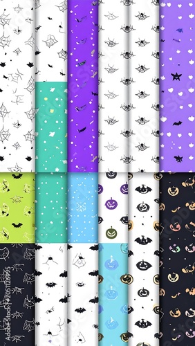 A collection of 10 vertical fabric swatches with various Halloween-themed patterns
