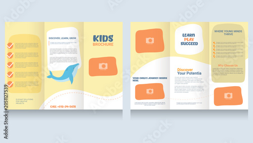 Obraz na plátně Playful kids trifold brochure template vector design, children education flyer layout with cute dolphin illustration
