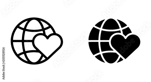 Global Love Icons, Earth Heart Symbols, International Care Graphics, Worldwide Compassion Vector Set