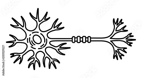 Scientific illustration of a neuron cell with branching dendrites and axon