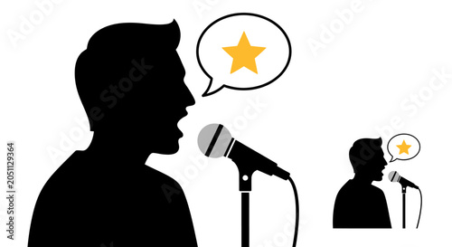Silhouette of a man speaking into a microphone with star symbol in speech bubble
