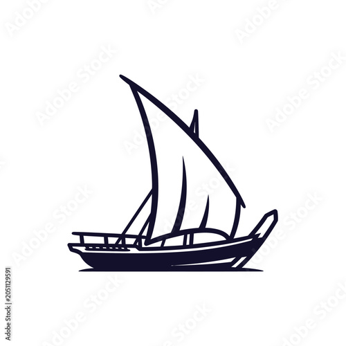 Simple hand drawn line art icon of a wooden sailboat with full sails on water