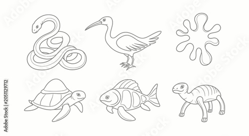 Simple line drawing of six marine and aquatic animal characters