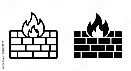 Firewall Icons, Brick Wall with Flames, Cybersecurity Protection, Network Security, Digital Barrier