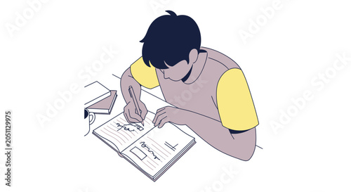 Student taking notes in open notebook on white desk