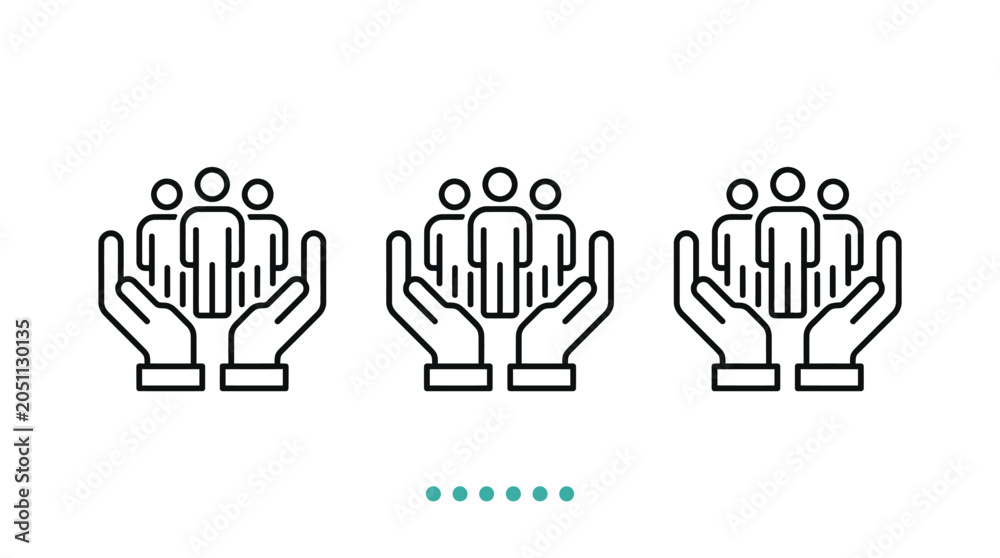 Fototapeta premium Three simple black line art icons depicting human figures being held carefully inside open hands on a clean white background for modern corporate business design projects