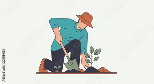 Vector illustration of a farmer planting a seedling in soil