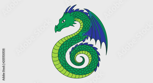 Stylized green and blue dragon illustration with spiral body on gray background