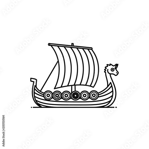 Viking ship illustration with dragon head and shields in black line art