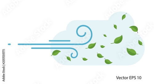 Wind and leaves vector illustration with swirling gust and floating foliage