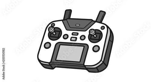 Wireless remote controller for drone or gaming device with dual joysticks and screen on white background