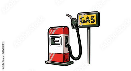 Vintage red gasoline pump illustration with yellow gas sign on white background